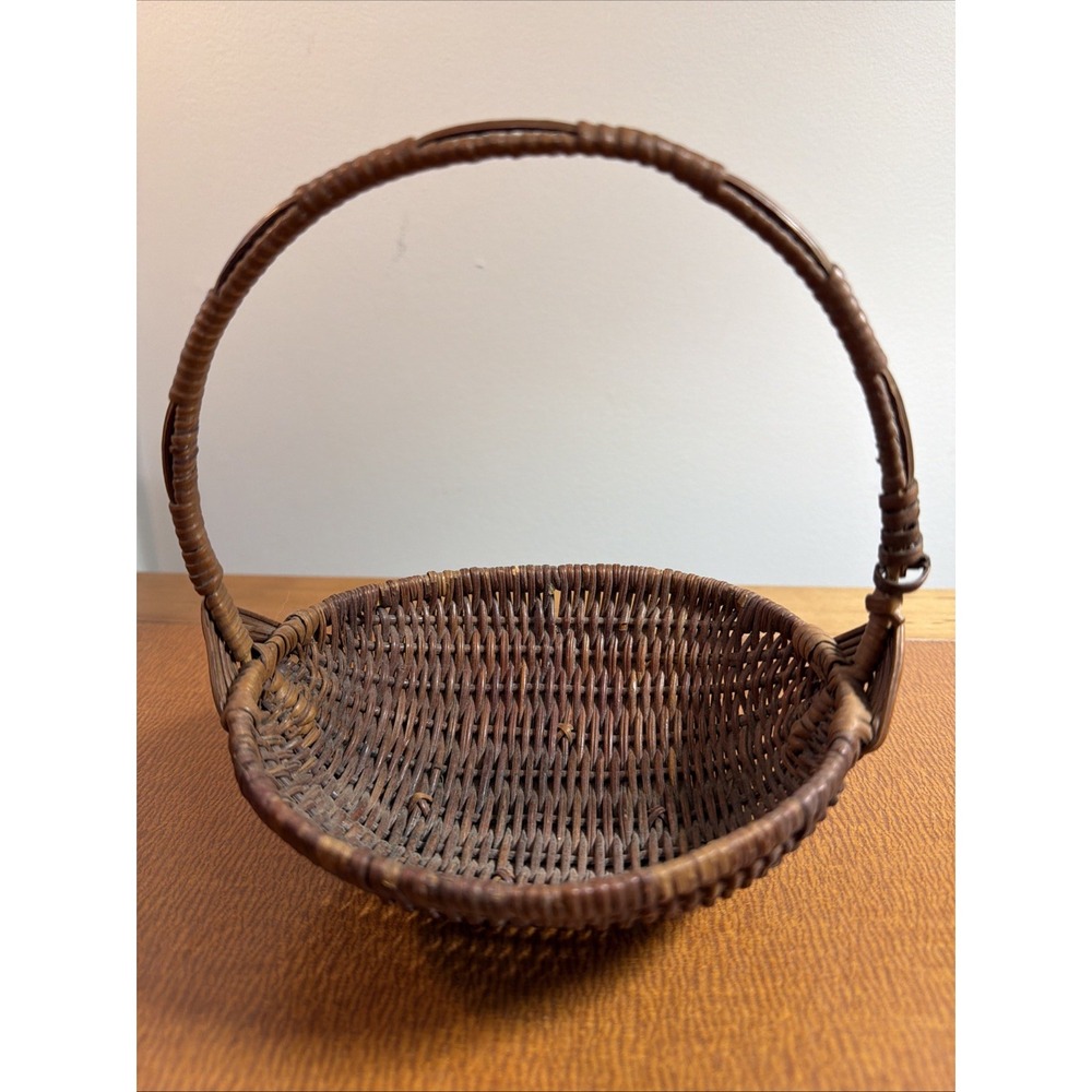 Vtg Woven Wooden Gathering Basket Arched Handle 7" Tall & Wide